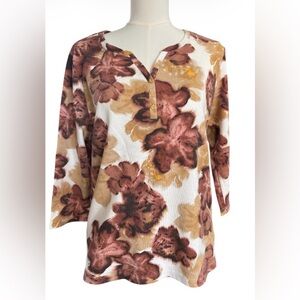 Style & Co Petite Extra Large XL Pullover Top 3/4 Sleeve. Brown Tones. Henley.